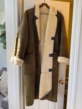 Long Shearling Coat in Olive with Cream Fur - fits like a large or xl